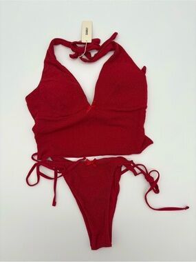 SERVED Red Halter Bikini Set with Tie-Side Bottoms NWT